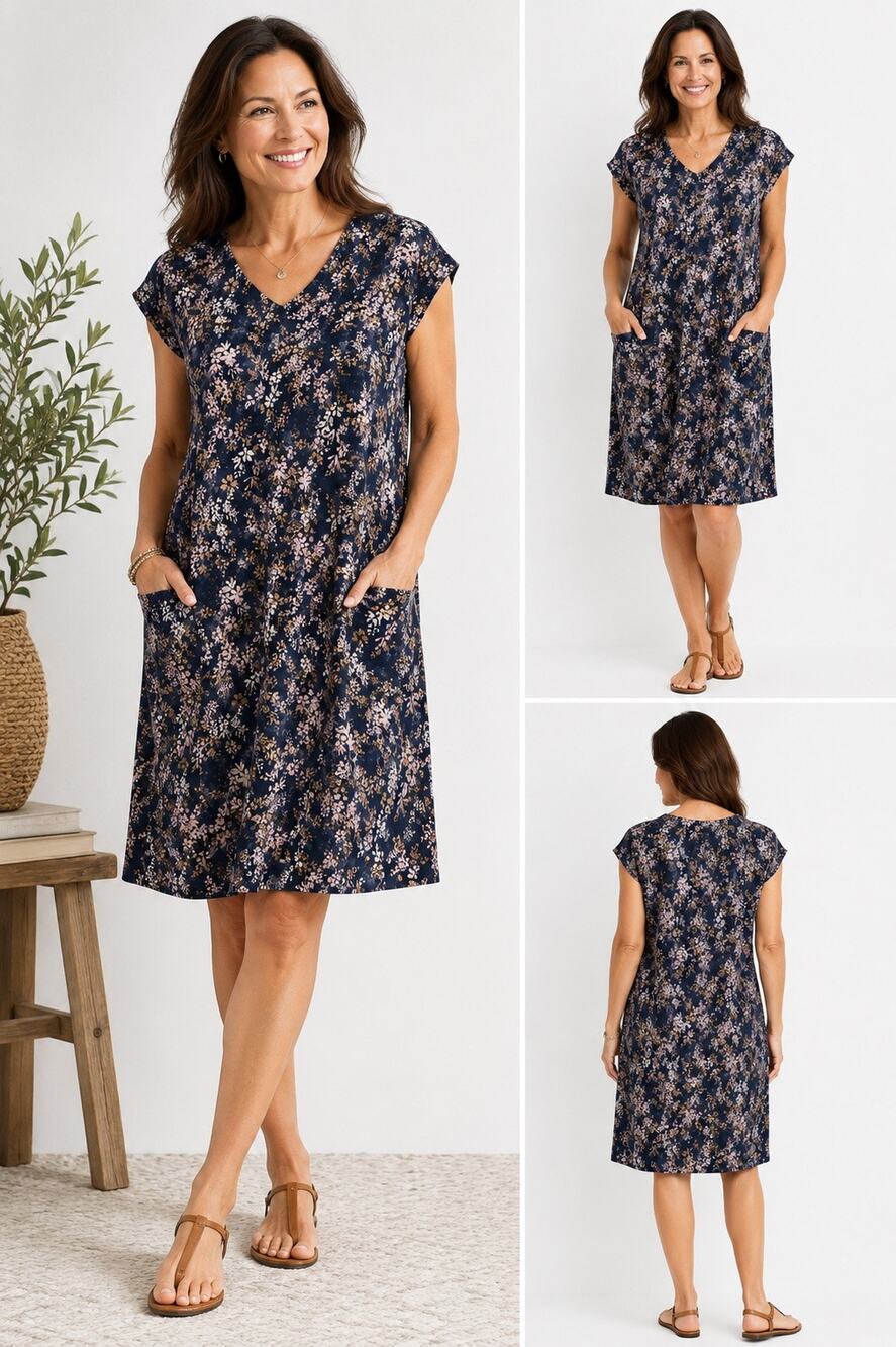 NWT Pure Jill Easy Knit Two Pocket Dress Floral Cotton Navy Blue Size Large